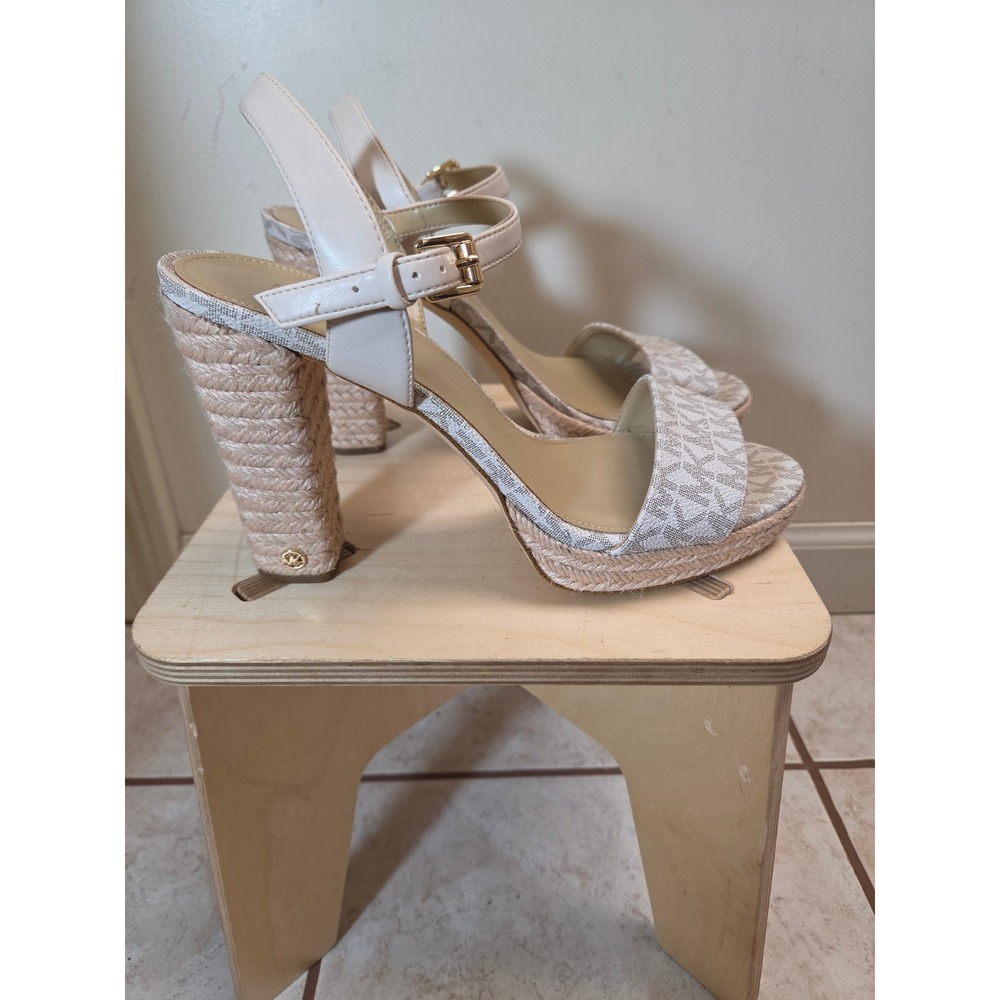 Michael Kors MK Logo Espadrille Platform Sandals White Cream Block Heel Size 8